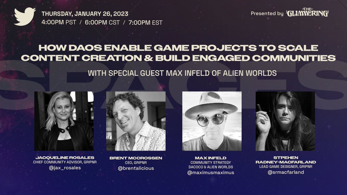 GRIPNR's tweet photo. Max Infield, Community Strategy &amp; Project Manager at Dacoco, the creators of @AlienWorlds among other DAOs, will join us next week to discuss how DAOs enable game projects to scale content creation and build engaged communities!

Set a reminder now!
🔗https://t.co/bqtaOkxWJZ https://t.co/boyRK2VZDE