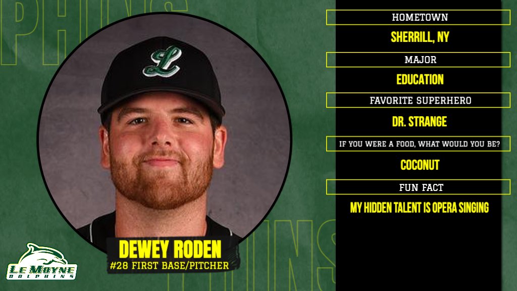 LeMoyneBaseball's tweet photo. With just 2️⃣8️⃣ days until first pitch, we’d like to introduce senior first baseman and pitcher Dewey Roden!
Check back each day to meet the rest of our players ⚾️🐬 https://t.co/IH3f2kBXDB