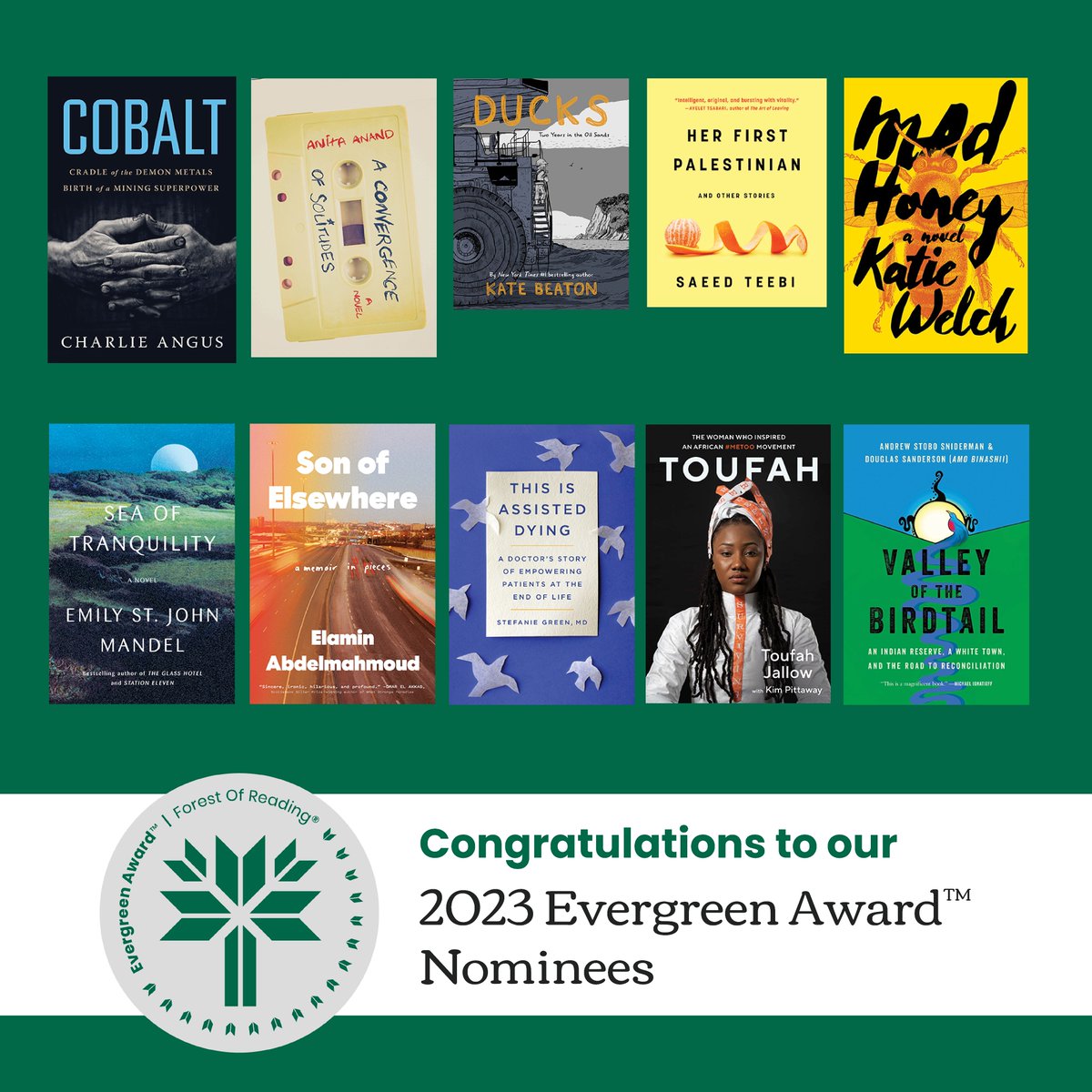 ForestofReading's tweet photo. 📢We are excited to share the nominees for the 2023 Evergreen Award! This is the Forest program that features the best in Canadian adult fiction and non-fiction. Read more about this year's nominees:  https://t.co/LQRYYM9caF https://t.co/OBmNZmE2DR