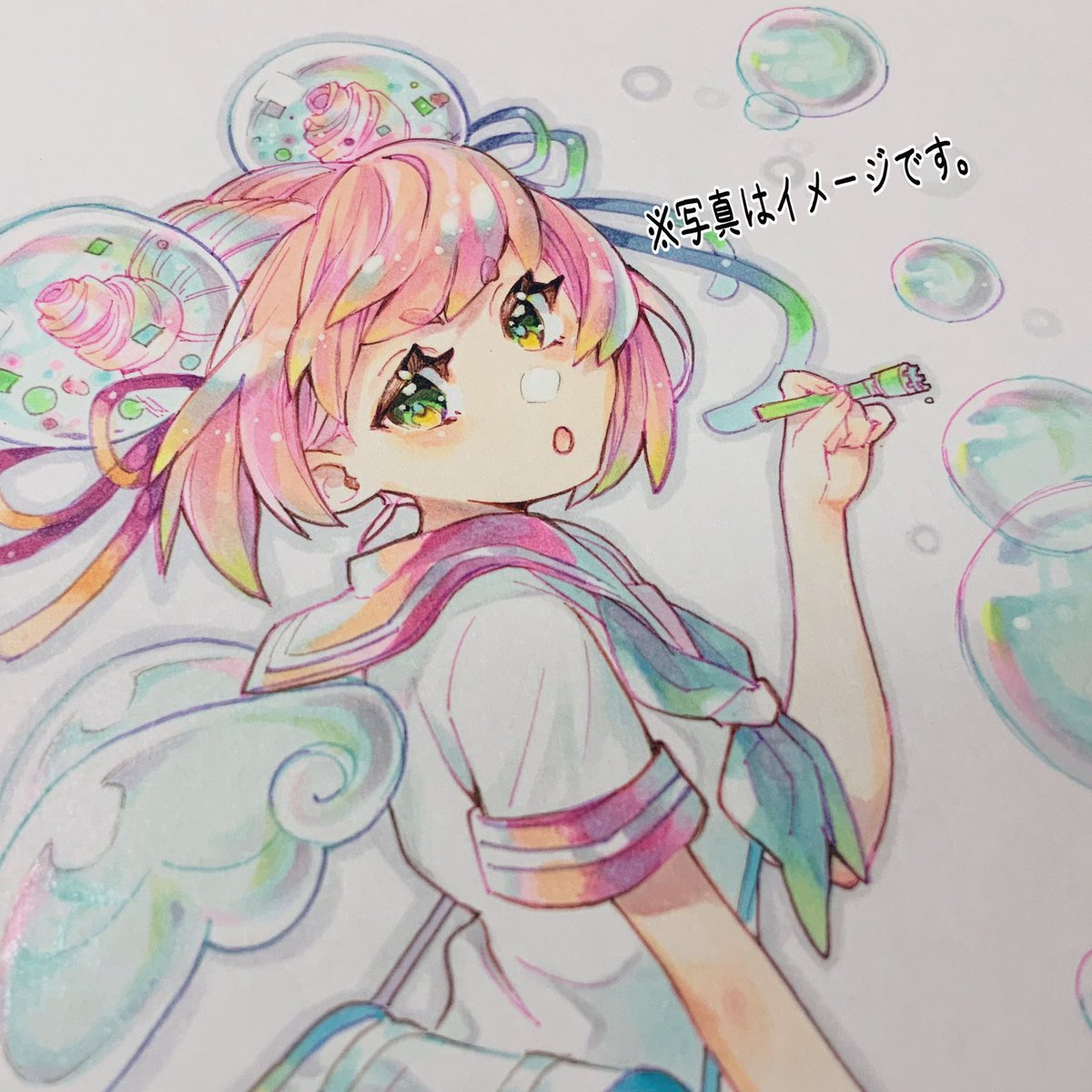 1girl solo pink hair green eyes wings bubble short sleeves  illustration images