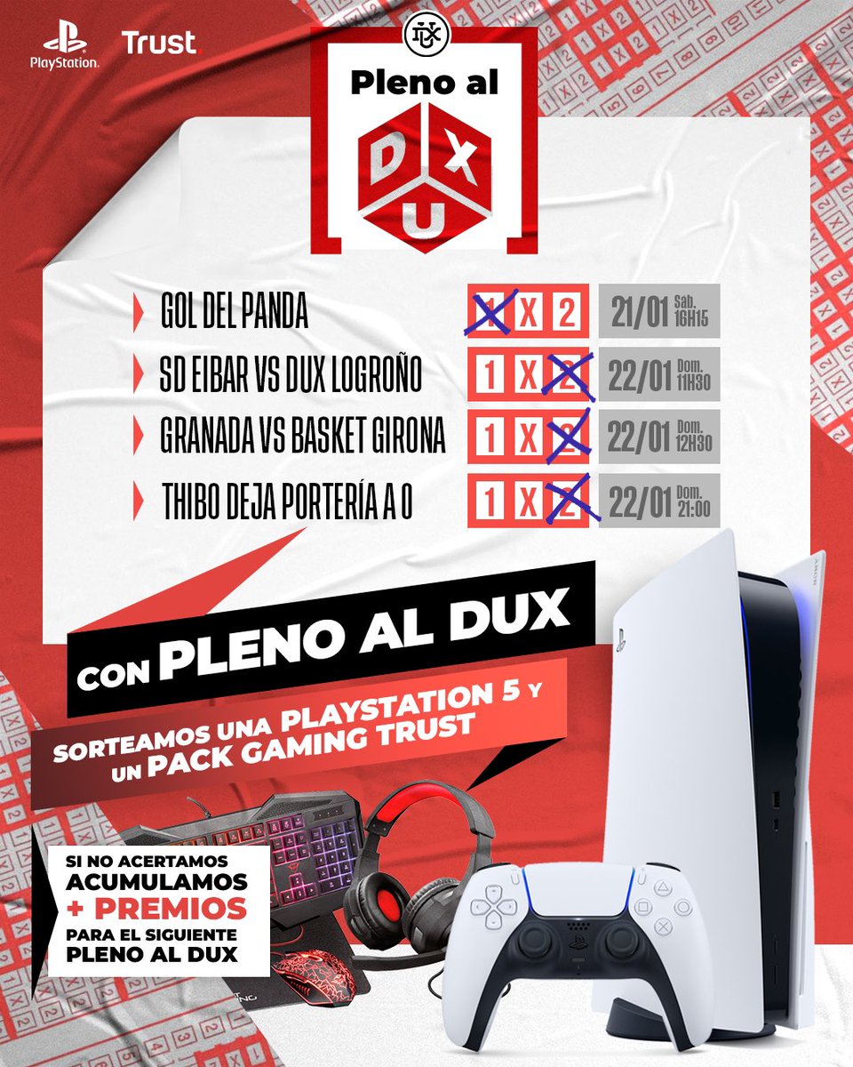 TeamDUXGaming's tweet photo. PLENO AL DUX

¿Quieres ganar una Play Station 5 y un pack de gaming de Trust?👀

Solo tienes que:
- Seguir a @TeamDUXGaming.
- Dar RT.
- Mencionar a un amigo en comentarios.
- ¡Que acertemos en las predicciones! 

¡Si no acertamos, el premio crece para la próxima semana! https://t.co/lApLxG1saj