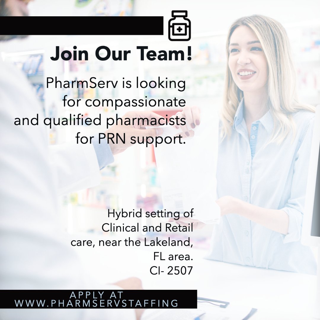 PharmServ's tweet photo. PharmServ is looking for companionate and caring pharmacists to provide PRN support for our client near the Lakeland, FL area. This is an outpatient retail/clinical pharmacy with an emphasis on mental health.

Visit our website https://t.co/ftPPc1Tkst for more info or to apply! https://t.co/zGIcEPByBV