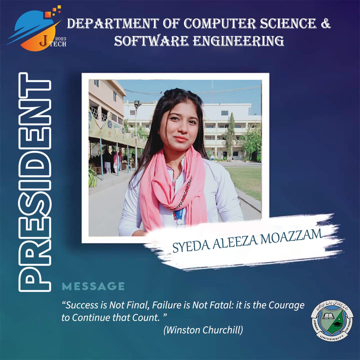 2023_JTECH's tweet photo. JTECH2023-Technology Extravaganza presented by the Department of Computer Science and Software Engineering,we are all set to make this year the most exciting year in JTECH's history.We present you SYEDA ALEEZA MOAZZAM from CS20 as our PRESIDENT for JTECH2023.
#juw #csse #jtech23 https://t.co/YzOwqfUQP9