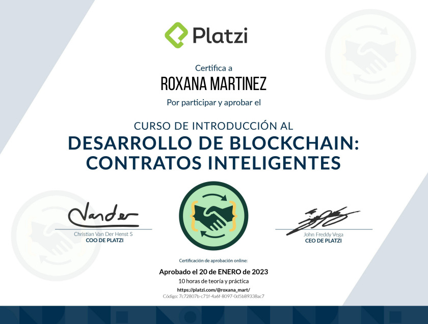 RoxanaCripto's tweet photo. Existe poca información sobre este tema tan novedoso.
Excelente curso para desarrollo de Smart contacts.  
¡Aprobé el Curso de Introducción al Desarrollo Blockchain: Smart Contracts en @Platzi! #PlatziNavidad https://t.co/YGyzGmDYve https://t.co/5ffpk2ZSL8