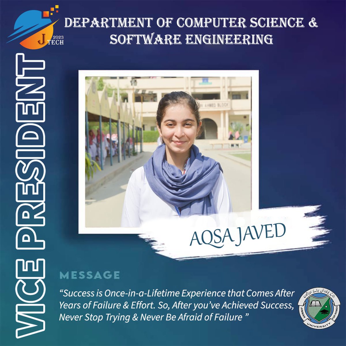 2023_JTECH's tweet photo. JTECH2023-Technology Extravaganza presented by the Department of Computer Science and Software Engineering,we are all set to make this year the most exciting year in JTECH's history.We present you AQSA JAVED from FALL SE19 as our VICE-PRESIDENT for JTECH2023.
#juw #csse #jtech23 https://t.co/dDBpY6tEOq