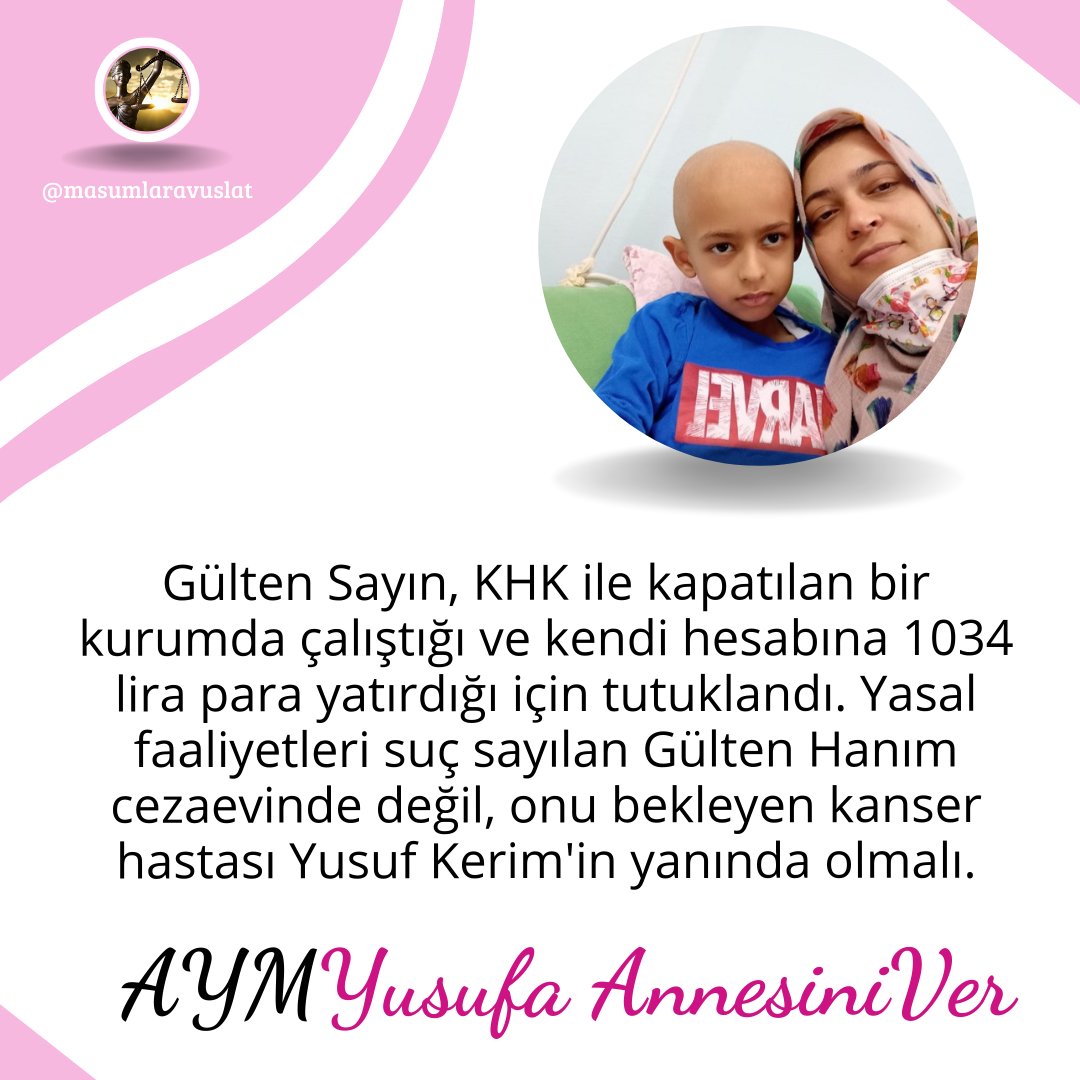 masumlaravuslat's tweet photo. Gülten Sayın, KHK ile kapatılan bir kurumda çalıştığı ve kendi hesabına 1034 lira para yatırdığı için tutuklandı. Yasal faaliyetleri suç sayılan Gülten Hanım cezaevinde değil, onu bekleyen kanser hastası Yusuf Kerim'in yanında olmalı. @MBekaroglu 

AYMYusufa AnnesiniVer https://t.co/RakHAovT40