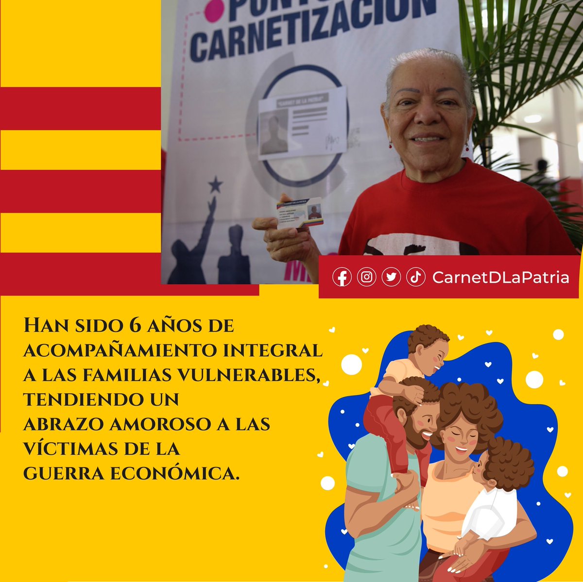 CarnetDLaPatria's tweet photo. #6toAniversarioDelCarnetDeLaPatria 
Celebramos 6 años de acompañamiento integral junto al pueblo, de compromiso, amor y dedicación, convirtiéndonos en un instrumento de avanzada, creado por la revolución para proteger a l@s venezola@s.

#LasSancionesSonCriminales #20Ene https://t.co/xB41yt8xWs