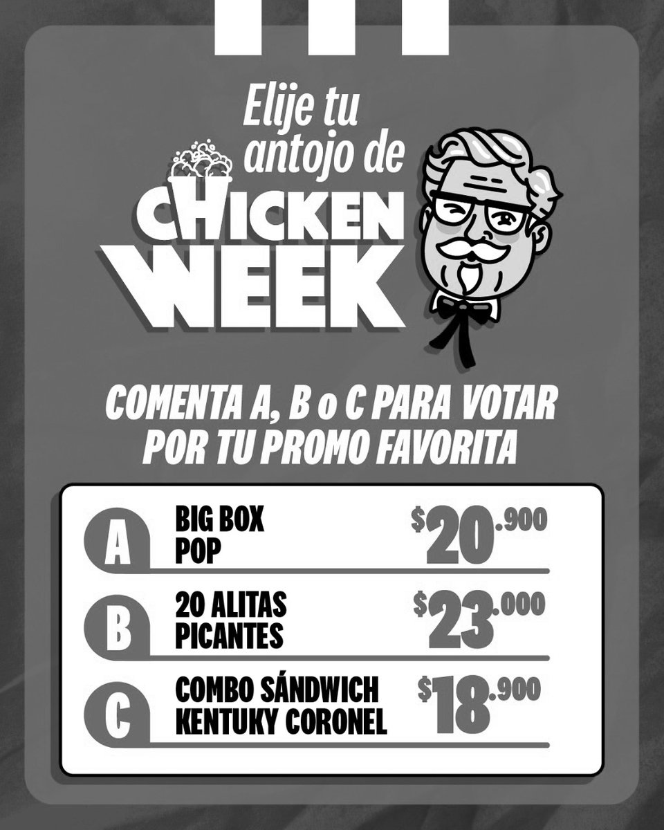 kfccolombia's tweet photo. ¡#KFCLovers cerramos las votaciones! 👀 Pronto anunciaremos la promo ganadora para este #ChickenWeek 🍗🔥🙌 https://t.co/3Y7LHUSnLT