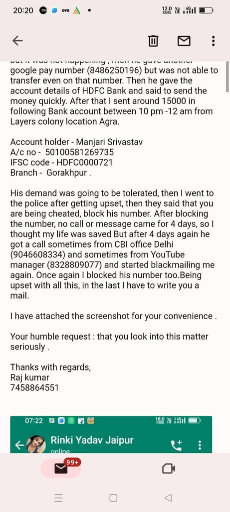 ajitrawat33's tweet photo. @myogiadityanath @aajtak @PMOIndia @dgpup @abplive @JagranNews
My friend Victim of this Online/what's app fraud Sextortion, 
Need to take a strict action by government on this type case so that not repeat in future with any other person.
Ty https://t.co/6PLKp64quK