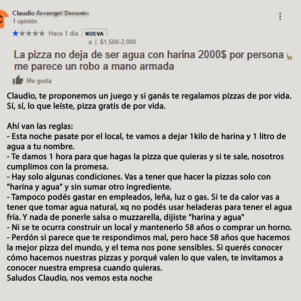 Hoy nos escribió Claudio y le tuvimos que dejar algunas cosas en claro.
Claudio piensa que la pizza se hace con agua y harina.
Claudio está equivocado. Pero bueno, que sea feliz.