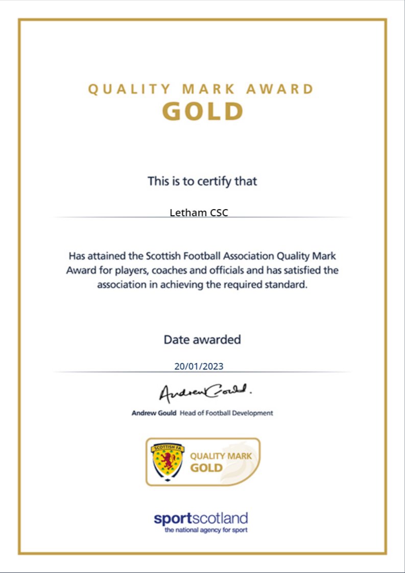 ScotFAEast's tweet photo. QUALITY MARK |

Congratulations to Letham CSC who have received the Gold Quality Mark award.

Well done to all involved!

@Letham_FC https://t.co/PWxfu3iYW2