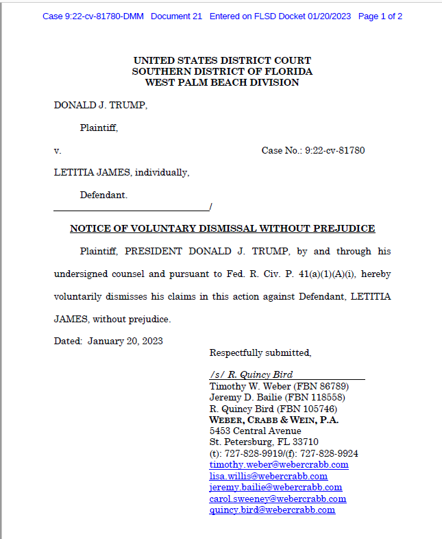 This morning, Trump withdrew his Florida lawsuit against NY Attorney General Tish James, a move many saw as his Hail Mary bid to end the AG's $250 million civil lawsuit against the Trump organization and various individuals, including Trump himself. The question is why? 1/