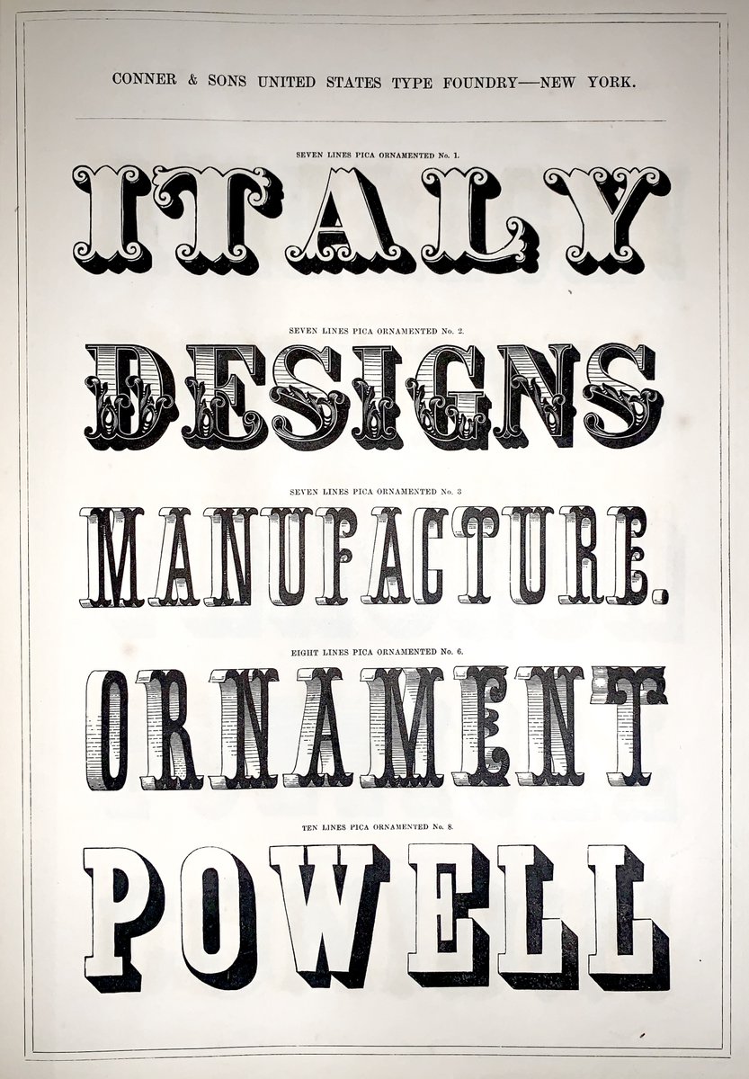 projectorperiod's tweet photo. One more sample from this week's readings... This is a set of "Specimens of Printing Types" cast by James Conner &amp; Sons (New York: 1854) ... Enjoy!

#typography #printingtypes #GraphicDesign #BookTwitter #bookhistory https://t.co/6KWJm33uix
