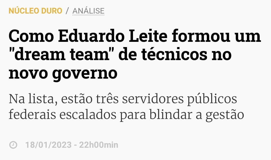 Sem o print, ninguém acredita: o Lula compôs seu ministério com quatro candidatos à presidência, professores universitários, pessoas de referência nas respectivas áreas.

Mas para a RBS "dream team" é o Eduardo Leite empregando três ex-subordinados do Paulo Guedes.