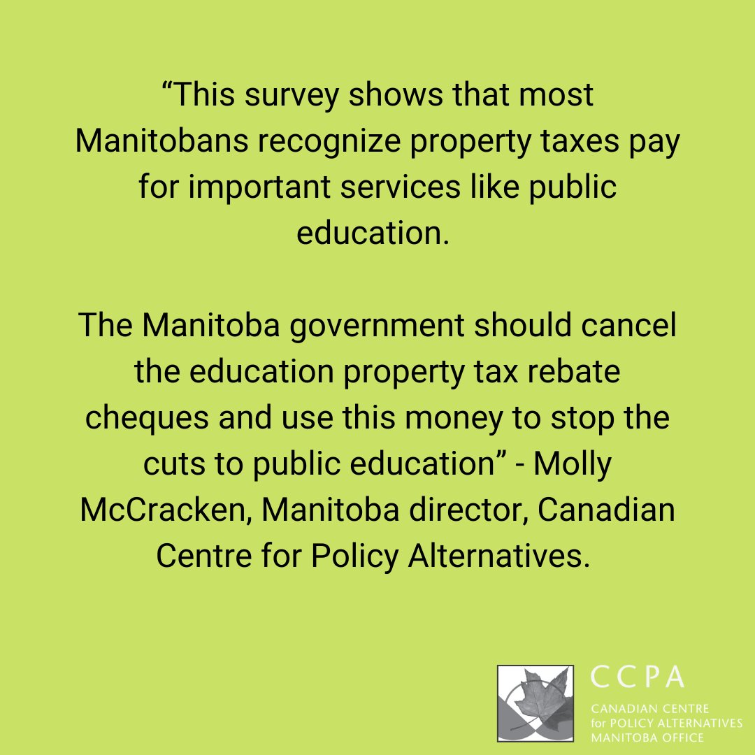 CCPAMB's tweet photo. Manitobans want the provincial government to keep the money earmarked for the Education Property Tax Rebate and spend it on public services instead, finds a new Probe Research poll #mbpoli https://t.co/mqRYAOiuov