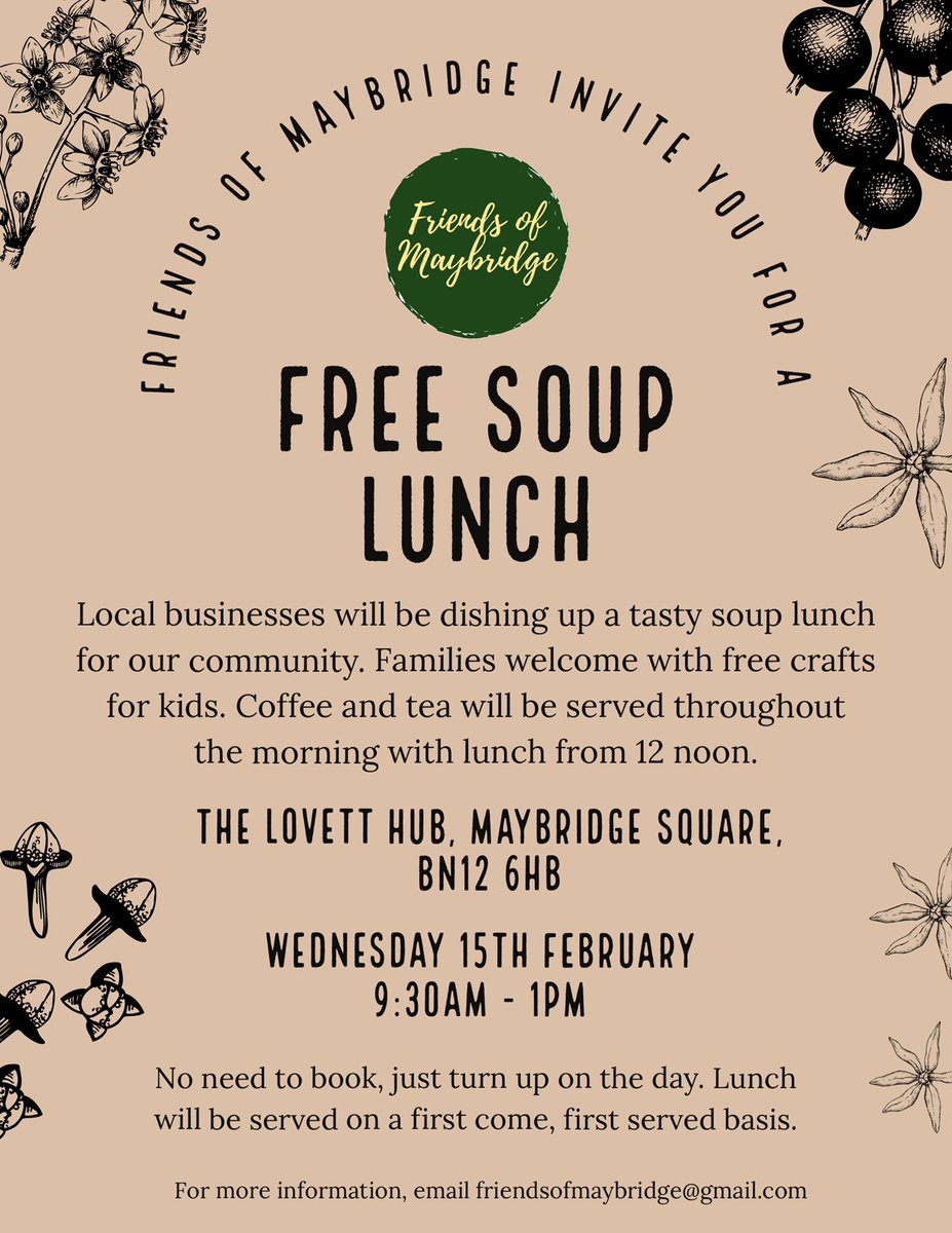 I’ll be helping host the free community soup lunch on Wed 15th February through the Friends of Maybridge group - please do share!

Children welcome as it’s half term - free crafts provided.

#worthing #whatsonworthing #halftermactivities #community #worthingcommunity