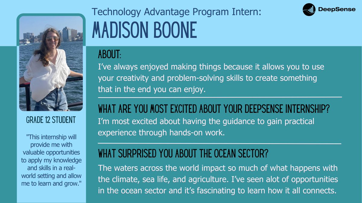 Meet Madison! She is part of the Technology Advantage Program (TAP) &amp; did her co-op with DeepSense at <a href="/COVE_Ocean/">COVE 🌊</a>. She installed &amp; configured a Linux help desk application. TAP supports students by developing skills to pursue a tech career. We are excited to support her journey!