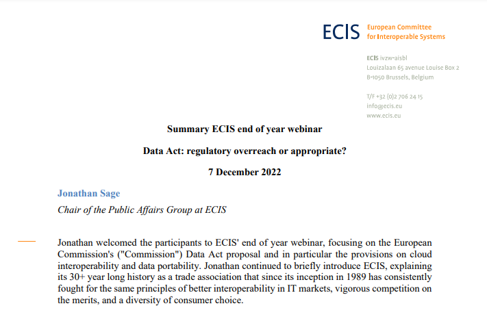 The summary of the ECIS 2022 Event on the European Commission’s Data Act proposal was released on our website❗️

You can access the summary here: ecis.eu/2023/01/summar…