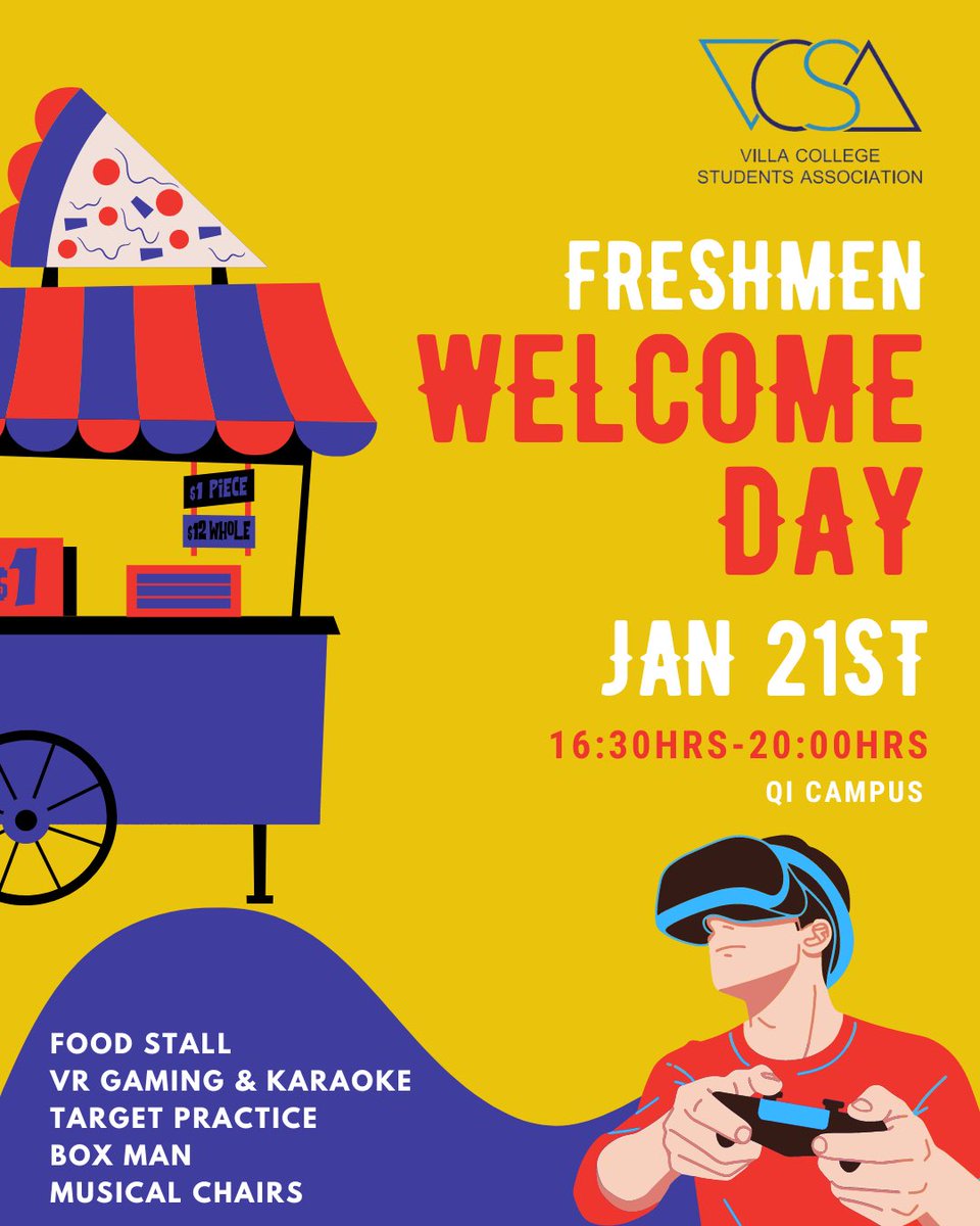 We invite the newly joined batch students of January 2023 intake to join with us seniors for the “VCSA Freshmen Welcome Day”, and get know more about the college and make new friends through fun and exciting activities.

🗓️ Jan 21st (Saturday)
⏰ 16:30hrs-20:00hrs
📍QI Campus