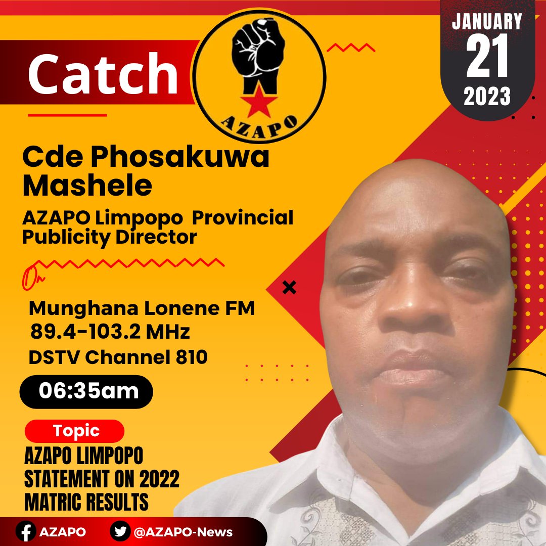 Catch AZPO Limpopo Provincial Publicity Director Cde <a href="/tongogara1/">Phosakuwa Mashele</a> on <a href="/Munghana/">Munghana Lonene FM</a> tomorrow morning at 06h35, discussing AZAPO Limpopo Statement on #MatricResults2022.

#ReLionizeAZAPO