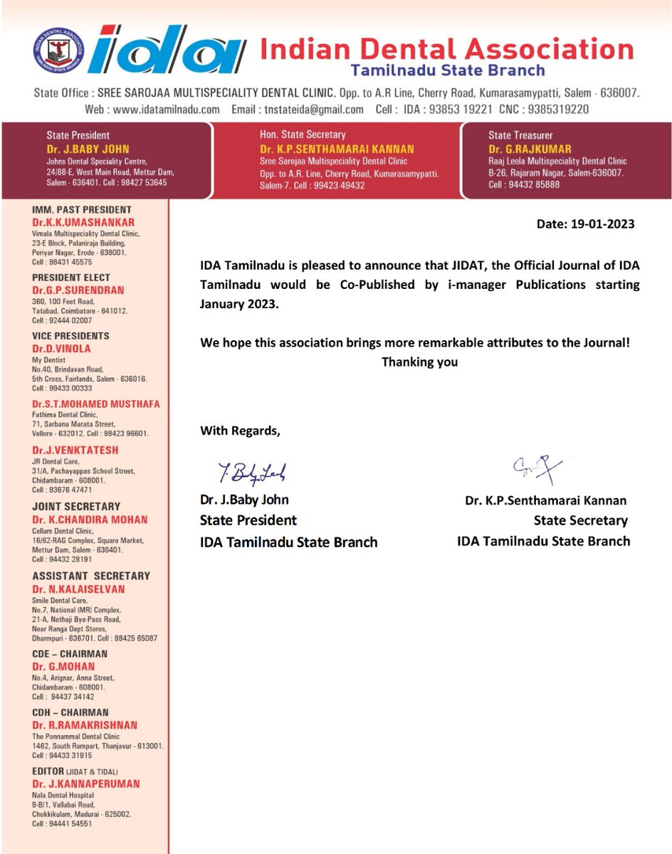 imanagerjournal's tweet photo. We are pleased to announce that JIDAT, the Official Journal of Indian Dental Association - IDA Tamilnadu would be Co-Published by i-manager Publications starting January 2023.
#imanagerpublications #indiandentalassociationtamilnadu  #Dental #dentalJournal https://t.co/qkxIXq7P1h