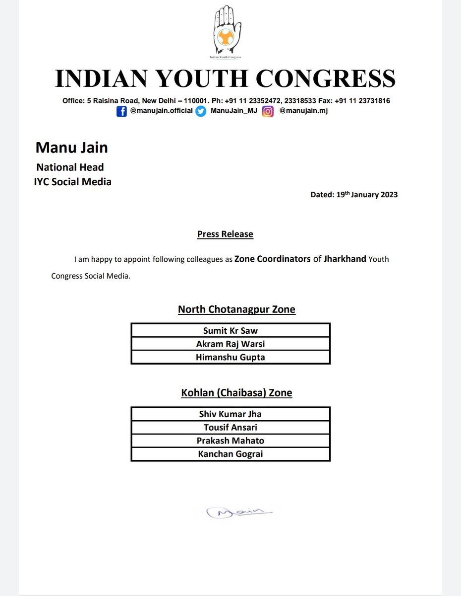 IYCJharkhand's tweet photo. झारखंड प्रदेश युवा कांग्रेस सोशल मीडिया टीम के सभी नवनियुक्त जोन कॉर्डिनेटर को हार्दिक बधाई एवं शुभकामनाएं !!

@srinivasiyc @Allavaru @ManuJain_MJ @AbhijitRajINC https://t.co/gWEUNqNK8d