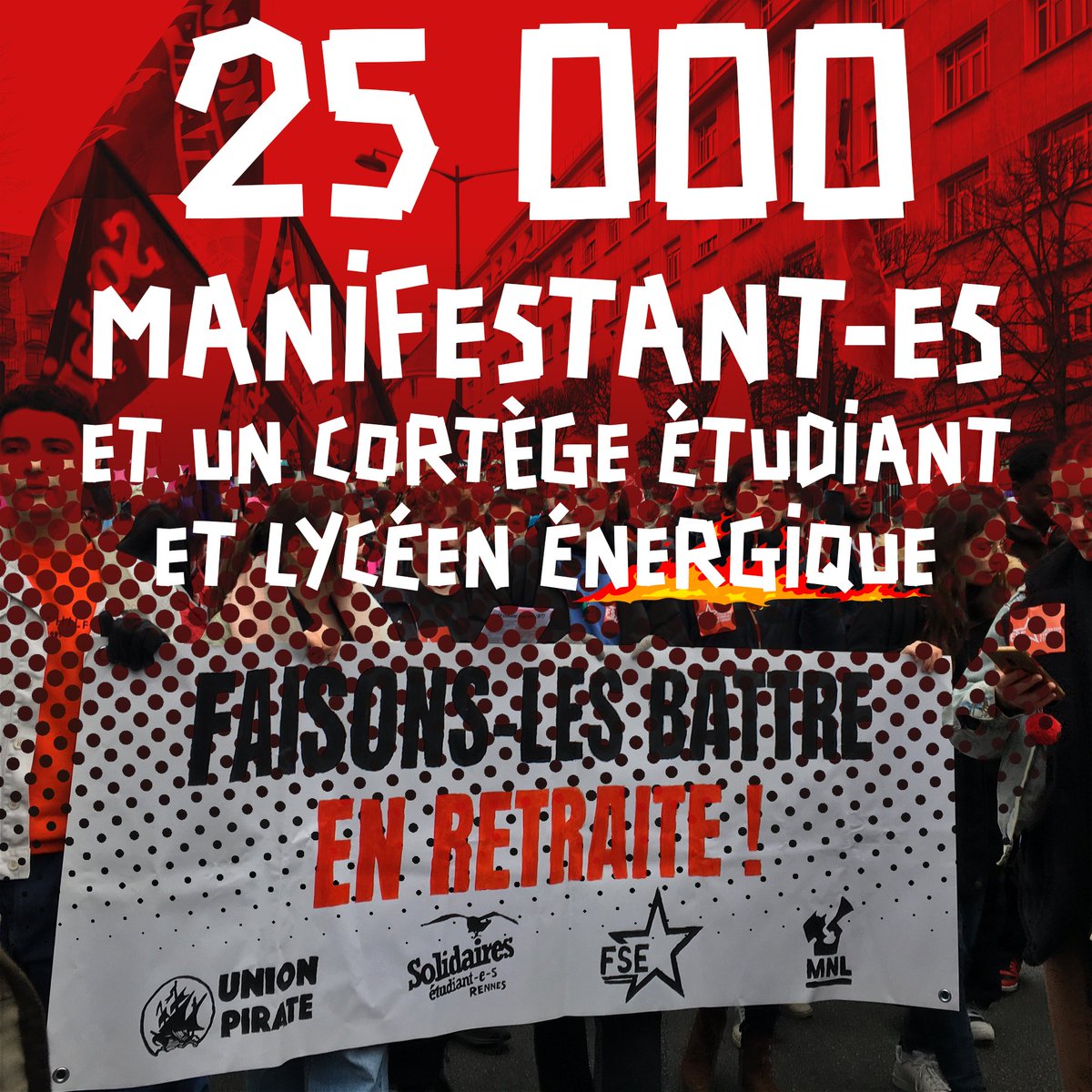 SESLRENNES's tweet photo. 🔴La jeunesse était nombreuse hier à Rennes pour se mobiliser contre la réforme des retraites 

➡️Dès maintenant il faut préparer dans nos lieux de travail et d'étude la reconduction de la bataille jusqu'à ce qu'ils battent en retraite ! Seule la lutte paie ! https://t.co/1j0YZd1Dl4