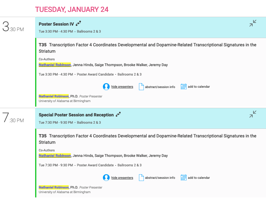 I am sadly unable to attend <a href="/winter_brain/">Winter Conference on Brain Research</a> this year, but the lab is representing with posters from <a href="/Jtuscher/">Jen Tuscher</a>, <a href="/dr_emjorgensen/">Emily Jorgensen, PhD</a>, and <a href="/nithrobinson/">Nathaniel Robinson, PhD (he/him)</a>. Be sure to check these out after hitting the slopes on Sunday and Tuesday!
#WCBR2023