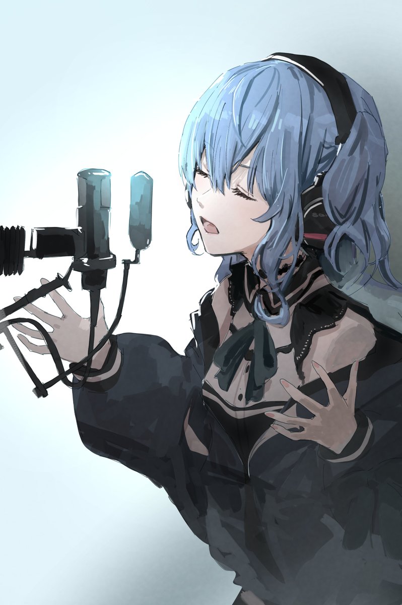 hoshimachi suisei 1girl blue hair solo closed eyes singing microphone open mouth  illustration images