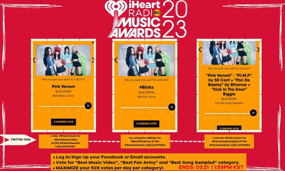 BlinkVotingCrew's tweet photo. 📊 IHEARTRADIO 2023

📣 If you're shadowban better prioritize voting on website to those who are not vote on the twitter too!

🔗: (https://t.co/zFSYkBRoJT
I vote #PinkVenom for #BestMusicVideo at the #iHeartAwards (@BLACKPINK) https://t.co/FnI7N1Ujdb