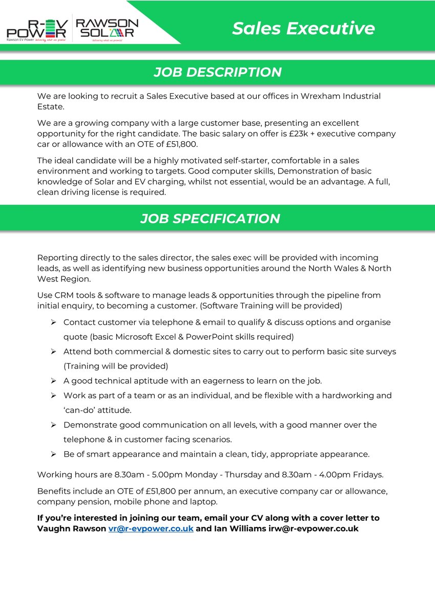 Rawson EV Power & Solar (@rawsonevpower) on Twitter photo Exciting opportunity to join our team as a sales executive.
If you’re interested in joining our team, email your CV along with a cover letter to Vaughn Rawson vr@r-evpower.co.uk and Ian Williams irw@r-evpower.co.uk Exciting opportunity to join our team as a sales executive.
If you’re interested in joining our team, email your CV along with a cover letter to Vaughn Rawson vr@r-evpower.co.uk and Ian Williams irw@r-evpower.co.uk