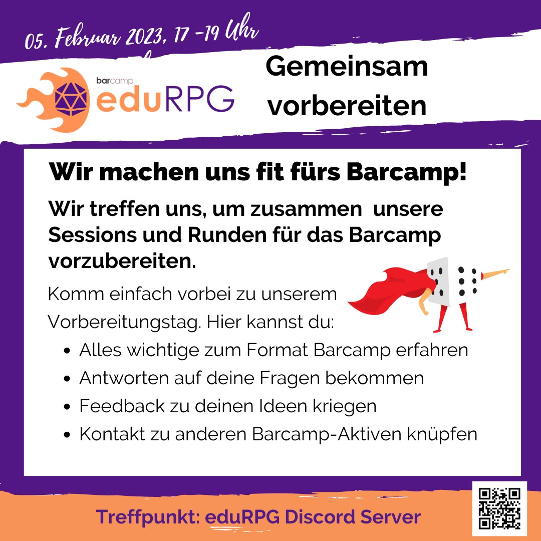 Für alle die sich gemeinsam mit uns auf #Barcamp vorbereiten wollen, wir treffen uns am 5. Februar , 17 Uhr hier auf dem eduRPG Server! discord.gg/EvQvxYtx #pnpde #pnp #edurpg