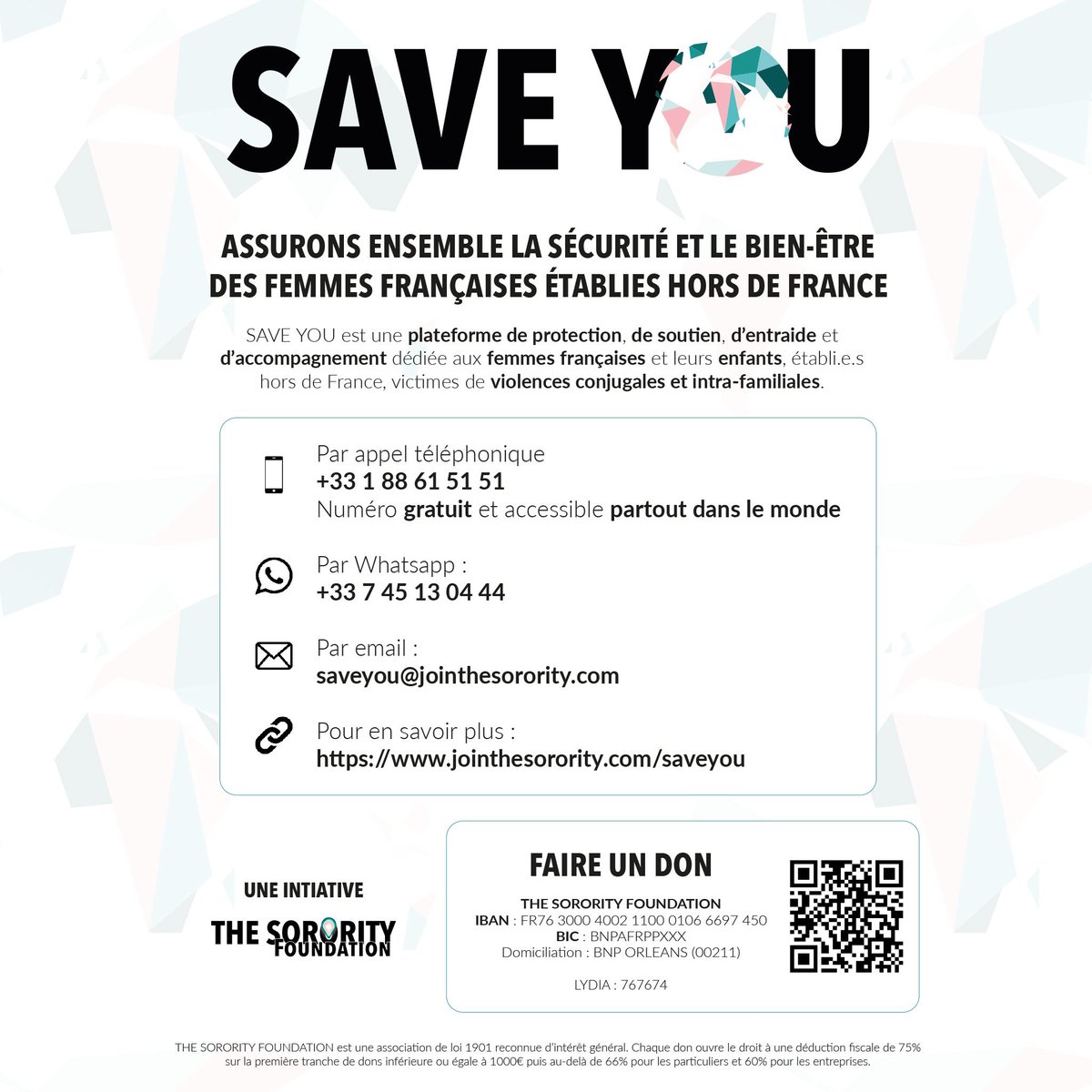 La plateforme SAVE YOU évolue 💪

Numéro gratuit partout dans le monde 🌍 via téléphone fixe : +33 1 88 61 51 51

Contact via Whatsapp : +33 7 45 13 04 44

Contact via email : saveyou@jointhesorority.com

Contact via le formulaire du site : jointhesorority.com/saveyou

ENSEMBLE ✊🌎