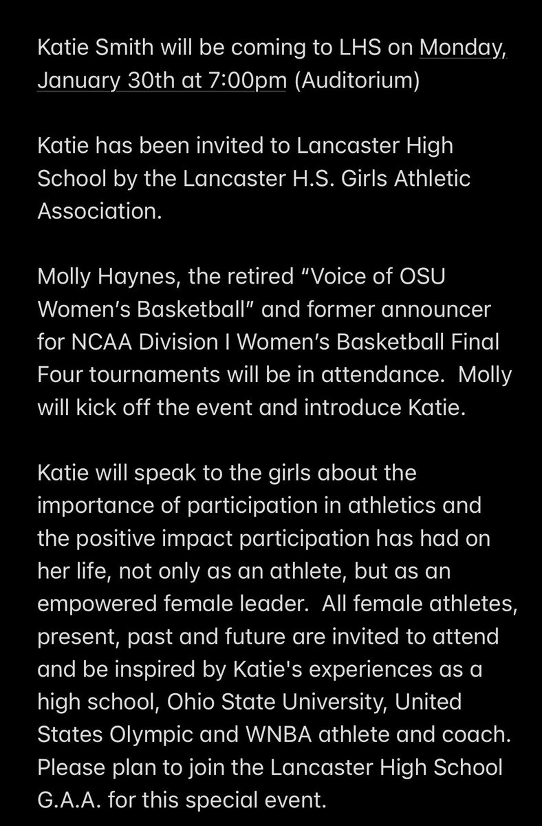 Katie Smith will be coming to LHS on January 30 at 7:00 pm in the auditorium!