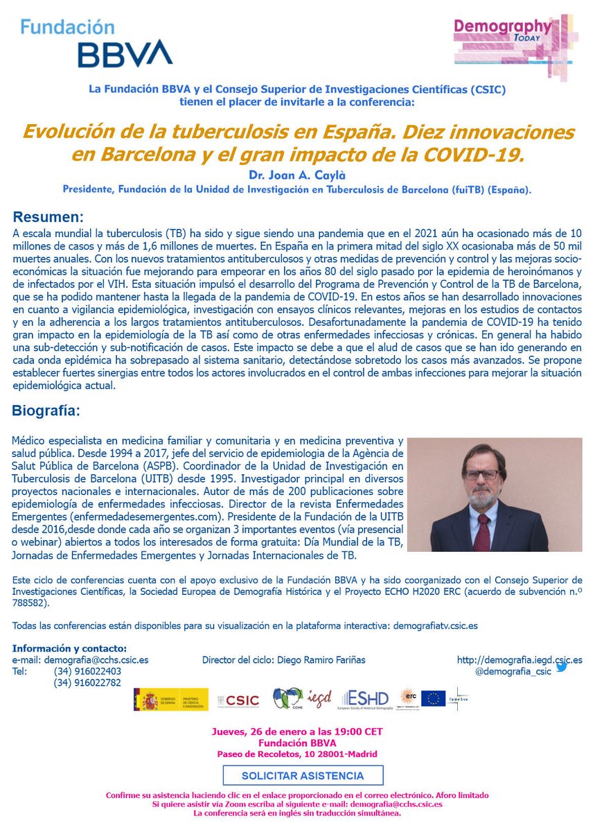 Demografia_CSIC's tweet photo. 📢 #FBBVA #Demography Today Lecture Series @CSIC @ESHD_EU @ECHO_ERCproject

Jueves 26 enero 19h @FundacionBBVA

Evolución de la #tuberculosis en España. Diez innovaciones en Barcelona y el gran impacto de la #Covid_19 https://t.co/obFSxf3ngb

Joan A. Caylà https://t.co/LJOvvwFkou https://t.co/Suvb3QQI1A