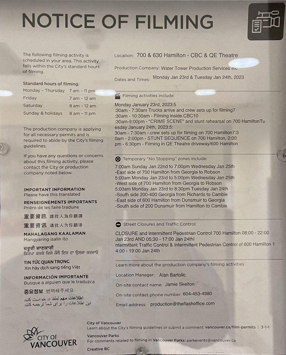 Filming, Monday, 23 January #vancityfilming #yvrshoots #whatsfilming