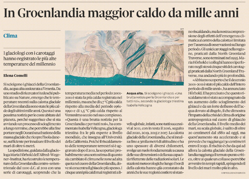 elencomelli's tweet image. Pessima notizia dalla #Groenlandia:
mai stato così caldo nei #ghiacci d'alta quota
da un #millennio a questa parte.
Una spedizione di glaciologi tedeschi
lancia l'allarme: si sta sciogliendo la calotta
che potrebbe far salire i #mari di 6 metri,
via @sole24ore #ClimateActionNow