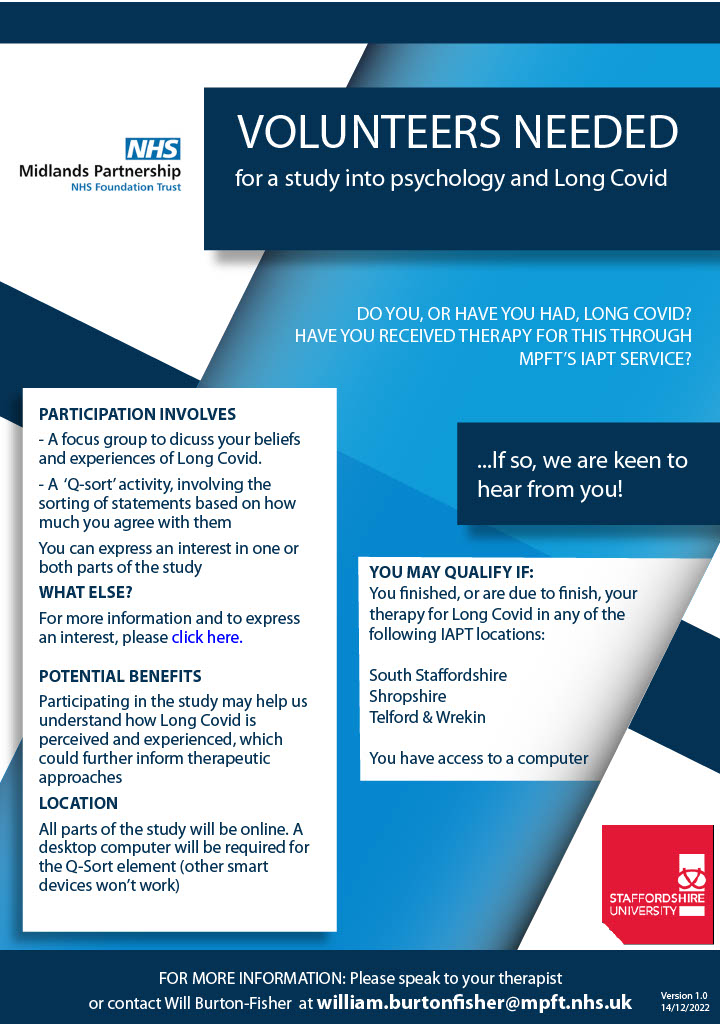 WE NEED YOUR HELP! We are working on this research study with <a href="/ClinPsyWill/">Will Burton-Fisher</a>. If you have used our service Tell us about your experience of Long Covid and support #IAPT are providing tinyurl.com/ms8adhff <a href="/mpftnhs/">Midlands Partnership University NHS FT</a> <a href="/burntwood/">Burntwood</a> <a href="/TamworthReads/">Tamworth Book Club</a> <a href="/marieboardman17/">Marie Boardman</a>