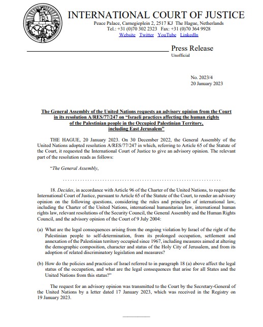 PRESS RELEASE: further to the adoption of  A/RES/77/247, the #ICJ received a request for an advisory opinion on “Israeli practices affecting the human rights of the Palestinian people in the Occupied Palestinian Territory, including East Jerusalem”. bit.ly/3WmQerT