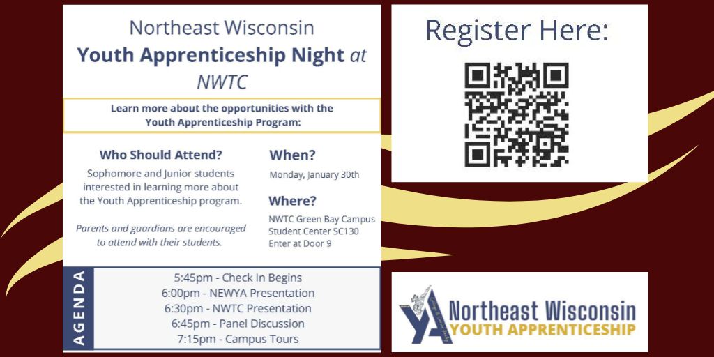 DePereHS's tweet image. Don&apos;t miss: Youth Apprenticeship Night at @NWTC Mon. Jan 30 - Start your career training - Earn money - Strengthen your resume - Gain career experience - Receive college credits 
Visit ww.nwtc.edu/events/2023/01…, or scan QR code to register
#EducatingAllLearners 
#StartSmart