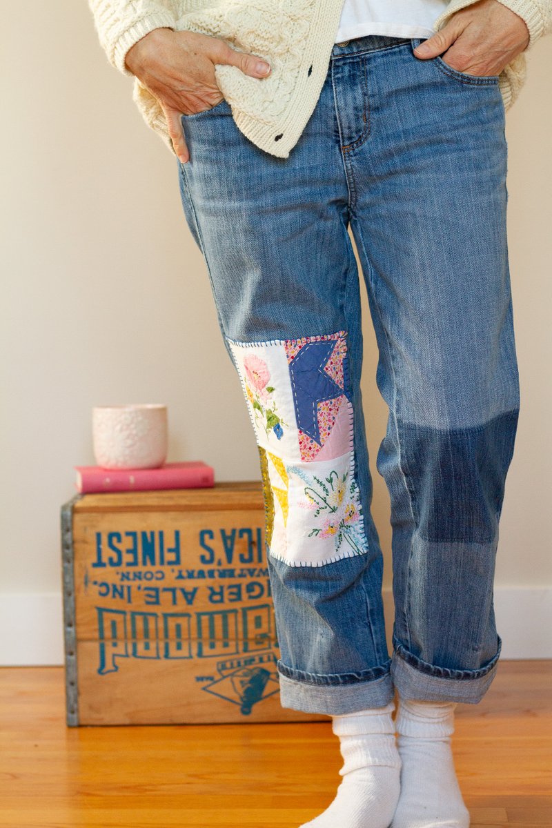 cloverusa's tweet photo. Don't throw away those torn-up jeans! Adding a piece of patchwork adds such a fun touch to that old denim. They will be like new!
 Follow the tutorial
🔴Link in bio #sewing #sewingpattern #patchworksewing #patchworkdenim #cloverusa #sewingnotions https://t.co/6bZ3GSPP1z