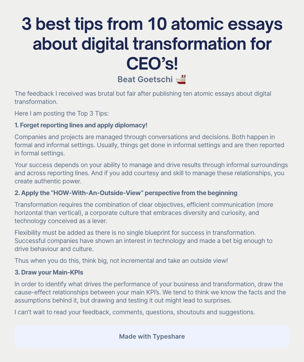 beatgoetschi's tweet photo. 3 best tips from 10 atomic essays about digital transformation for CEO’s!

1: Forget Reporting Lines and apply diplomacy
2: Apply a “HOW-with-an-outside-view” perspective
3: Draw your Main KPÍs

#Digitaltransformation
#30ship30 https://t.co/lBB3ESnlqc