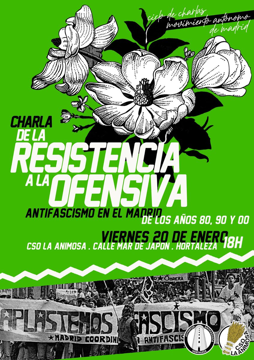 HortalezaPV's tweet photo. Este finde en la @CSOLaAnimosa de #Hortaleza

📍 Este viernes a las 18 horas, charla sobre el antifascismo en el movimiento autónomo de Madrid 

📍 Y el sábado a las 18 horas, concierto con los grupos #BlackPanda, #Ternura, #BarrenFields, #BajoControl y #StateTerror https://t.co/Ytg2x9swWY