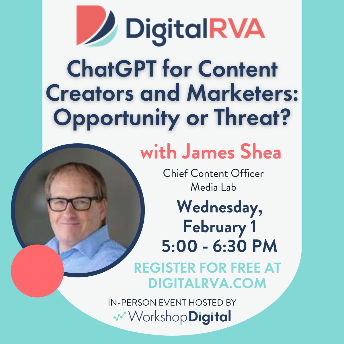 Join us for #digitalRVA on Feb 1 for a conversation all about #ChatGPT!

👉Register for FREE at digitalrva.com