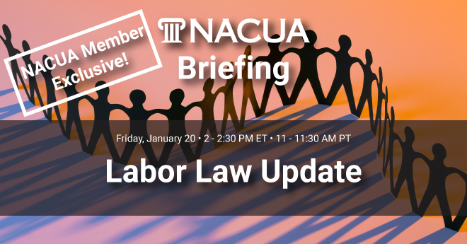 NACUAtweets's tweet photo. LAST CHANCE! Register today for our latest 30-minute TOMORROW, January 20, exploring the always important and relevant topic of Labor Law and how the latest developments impact #higheredlaw. 

Learn more &amp; register: https://t.co/s4XC6BEaso https://t.co/rzKrse2axR