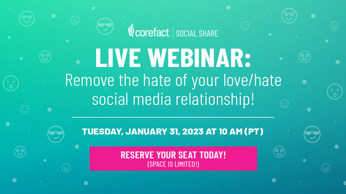 Corefact's tweet image. Have a love/hate relationship with social media? Learn how Social Share can remove all the unpleasant tasks from posting to social media. Reserve your spot today! ow.ly/PEKp50Mn0VA

#realestatemarketing #digitalmarketing #socialscheduler