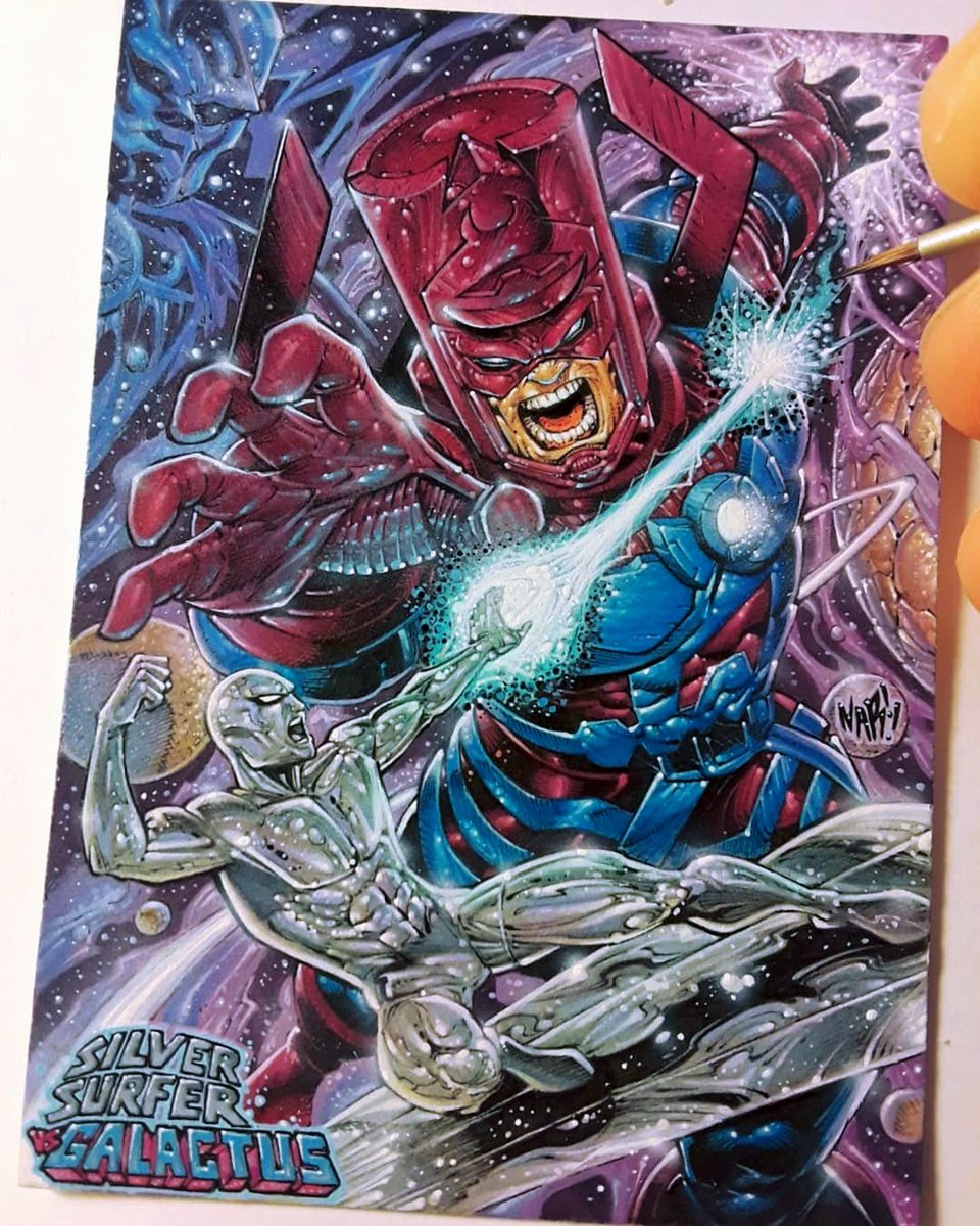 Just re-sharing a piece I really enjoyed creating. I put a lot of love into this one.  Trading card size.  Rock on my friends. Have a great weekend and remember, you're amazing.  

#galactus #silversurfer #marvelcomics #iamNar