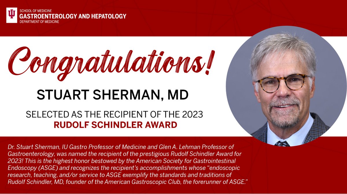Indiana University Gastroenterology and Hepatology (@iugastro) on Twitter photo Congrats to our very own <a href="/studabaka/">Stuart Sherman</a>! He is the recipient of the 2023 Rudolf Schindler Award. This award is the highest honor bestowed by <a href="/ASGEendoscopy/">ASGE GI Endoscopy</a>. We are proud of you, Dr. Sherman! 🥂🎊 #GITwitter <a href="/IUMedSchool/">IU School of Medicine</a> <a href="/IUSMDeptMed/">IU School of Medicine Department of Medicine</a> Congrats to our very own <a href="/studabaka/">Stuart Sherman</a>! He is the recipient of the 2023 Rudolf Schindler Award. This award is the highest honor bestowed by <a href="/ASGEendoscopy/">ASGE GI Endoscopy</a>. We are proud of you, Dr. Sherman! 🥂🎊 #GITwitter <a href="/IUMedSchool/">IU School of Medicine</a> <a href="/IUSMDeptMed/">IU School of Medicine Department of Medicine</a>