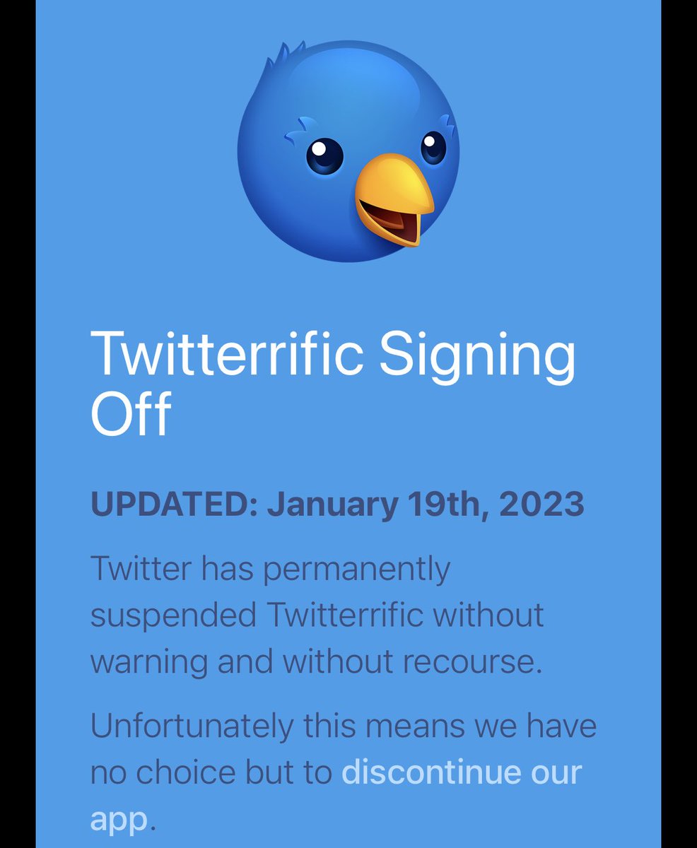ibvandersluis's tweet image. Thank you for your service ⁦@Twitterrific⁩, it’s been a pleasure. Looking forward to seeing what your team does next. Best of luck to you 🧡