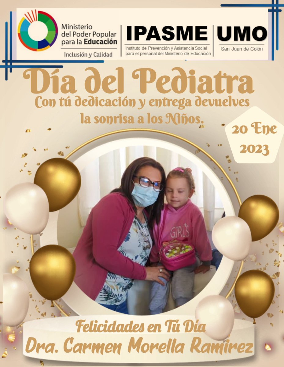 #19Ene Mi más sincero homenaje y reconocimiento a los Pediatras en su Día, quienes diariamente dan lo mejor de sí a través del arte de curar.
<a href="/TSocial_IPASME/">Trabajo Social IPASME San Juan de Colón</a> 
<a href="/IpasmeOficial/">Ipasme Oficial</a> 
@ipasme5 
<a href="/charlychaves/">Charly Rojas Chaves</a> 
<a href="/_NancyOrtuno_/">Nancy Ortuño Rojas</a> 
@JorgePerezVZLA